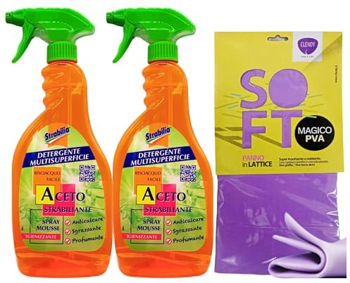 SET PULIZIA: Spray Mousse ACETO STRABILIANTE Igienizzante, Anticalcare, Sgrassante e Profumante 750ml + Panno In Lattice SOFT, Formato 30x30cm (2 Spray+PannoLattice)