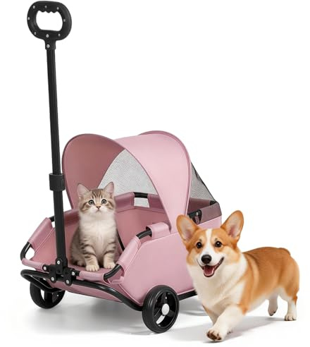 Chariot pour chien pliable à 4 roues avec barre pivotante à 360 °