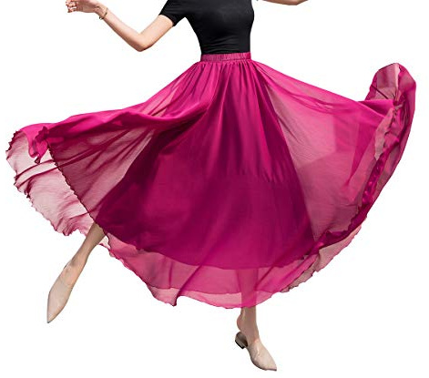 BiilyLi Gonna Lunga Donna Elegante Chiffon Vita Alta Linea ad A Vita Elastica Maxi Gonne Boho Svasata Skirt Estate Spiaggia Danza Festival (Taglia Unica Rosa Rossa)