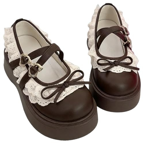 Jemnpela Mary Jane-skor för kvinnor, Lolita, JK, platta skor med rosett, spets, rund tå-spänne, söt Kawaii vardagliga pumpar för dejter, bröllop, cosplay, skola, resefest