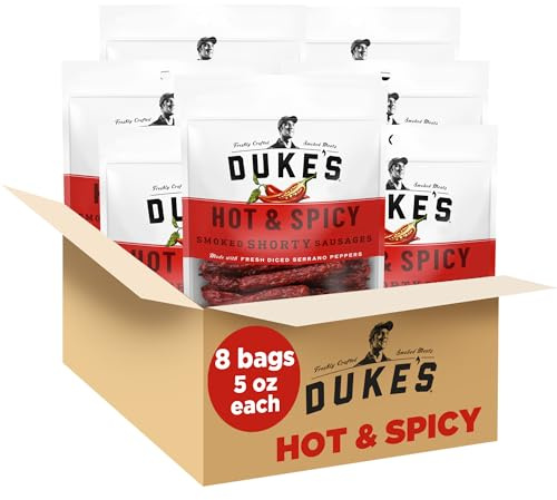Duke's Pork Hot & Spicy Smoked Shorty Sausages, 7g Protein Per Serving, 5 oz. (Pack of 8)