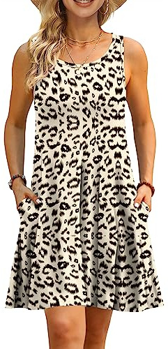 AUSELILY Women's Summer Sleeveless V-Neck M Casual Tank Dress with Pockets Leopard Leopard,M