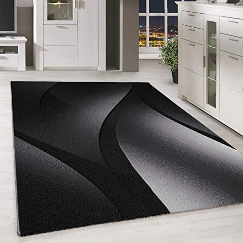 Homebyhome Matta 160x230 cm Svart Korthårig Abstrakt Våg Design Modern för Vardagsrum Sovrum Kök Hall Matsal Barnrum Mjuk