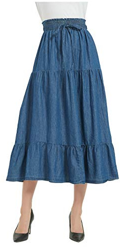 Tronjori Gonna Longuette Lunga da Donna, in Denim, a Pieghe, con Elastico in Vita e Coulisse Frontale, Blu Denim, L