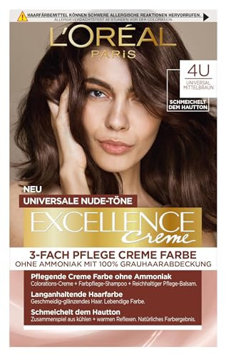 L'Oréal Paris Permanente Haarfarbe für jeden Hautton, Coloration ohne Ammoniak, Universale Nude-Töne mit vollständiger Grauhaarabdeckung, Excellence Creme, Nr. 4U Mittelbraun (Braun), 1 Stück