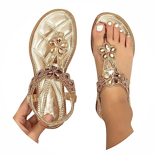 Minetom Sandales Femmes D'Été Plat Strass Fleur en Cuir Sandales T-Strap Élastique Bride À La Cheville Bout Ouvert Chaussures De Plage Cristal Floral Tongs B Or 39 EU
