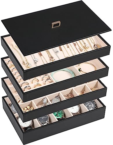 Voova Stackable Jewelry Organizer Tray with Lid, PU Leather Jewelry Storage Holder for Drawer Inserts, Jewellery Display Box Case for Earring Necklace Ring Watch Bracelet (Set of 4, Black)