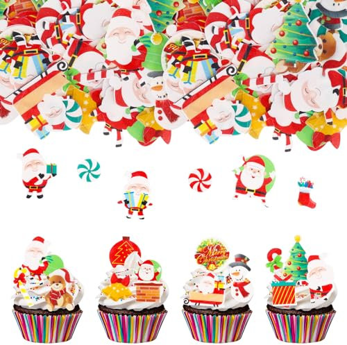 Catelves 60 stycken jul ätbar tårtdekoration, cupcake-topp, tårtdekoration, jultomte muffin dekoration, god jul