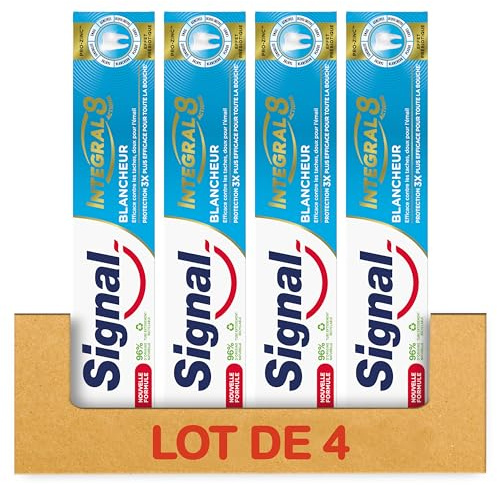 SIGNAL - Dentifrice Blancheur integral 8 blancheur effet prébiotique - Protection Complète 3x plus efficace -96% d'ingrédients d'origine naturelle (lot de 4x75ml)