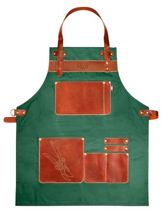 FELCO 490 Gartenschürze - Büffelleder & Canvas - Verstellbar - Praktische Taschen - 730mm Länge - 463g - Professionelle Qualität für Gärtner