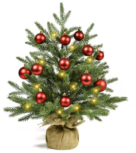 Mini julgran, konstgjord julgran liten 55 cm med 30 varmvita lysdioder, 2 ljuslägen, julgranskulor juldekoration, julgran konstgjord för adventsjul