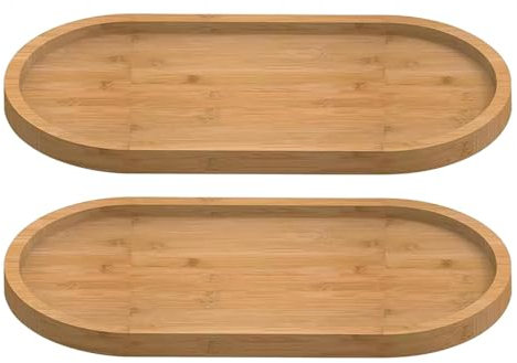 WPNCYK 2pcs Bamboo Oval Trays, Rustic Brown Wooden Trays, Multifunctional Oval Bamboo Tray for Tea, Coffee, Storage, Plant Pot Holder