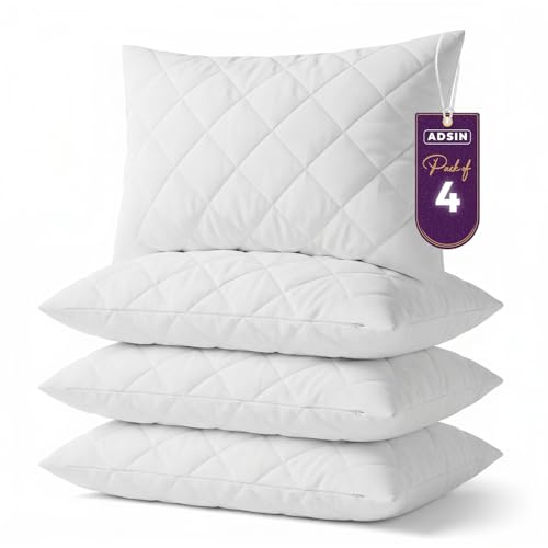 adsin Quilted Bed Pillows 4 Pack Hotel Quality (48cm x 74cm), Hypoallergenic & Breathable Cover, Soft & Supportive Bounce-Back Hollowfibre Luxury Pillows for Stomach, Back & Side Sleep, Standard Size