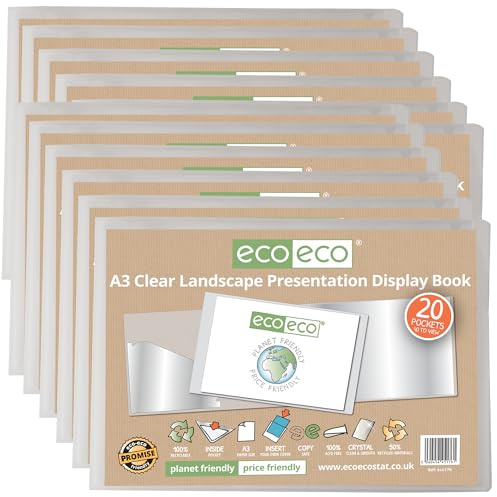 eco-eco Eco176x12 - Raccoglitore per presentazioni, formato A3, 50% riciclato, 20 tasche, trasparente, con buste in plastica, confezione da 12