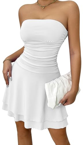 Ausing miniklänningar damer kort sexig bandeau axellös klänning figurbetonad klänning party klubb eleganta cocktailklänningar för kvinnor rygglös aftonklänning klubbkläder sommarklänning XS-L, Vit, XS