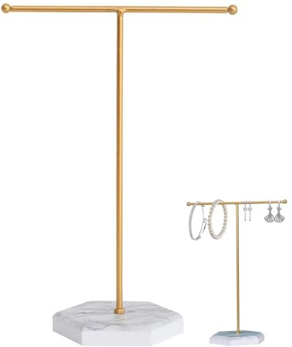 BOBOZHONG Jewellery Organiser Stand - Metal T-Bar Necklace Display Stand with Marble Pattern Tray, Gold & Black Jewelry Holder for Necklaces, Bracelets, Earrings, Rings - Hanging Organizer,Gold+White