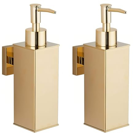 BGL Dispensadores de jabón montados en la pared, paquete de 2, dispensadores de lavado de manos líquido de acero inoxidable 304 para baño y cocina, color dorado