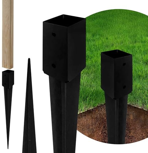 ADGO - Lot de 4 - Support de Poteaux a Enfoncer - Base Carrée - 50x600mm – Pied d'Ancrage Galvanisé – Fixation de Poteaux de Clôture et Structures Extérieures – Métal Robuste - Noir