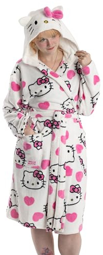 Hello Kitty Accappatoio bianco con cappuccio da donna | Comodo abbigliamento da casa in pile con dettagli rosa e maniche lunghe | Design con personaggi dei cartoni animati