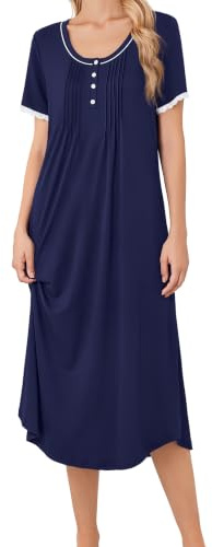 Ekouaer Nighties For Women Long Summer Nightgown Short Sleeve Nightdress | A-line silhouette, round neckline, lace trim on the sleeves,flowing drape for home, travel, beach holiday, city stroll