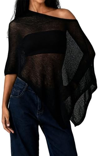 DexQur Womens Sheer Poncho Top Y2k Knitted Summer Asymmetrical Mesh Shawl Pullover Sweater Cover Up Tops (Black, One Size)