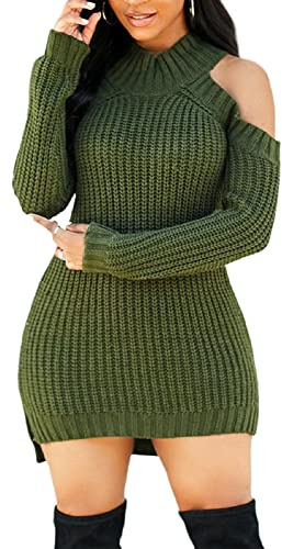 Green Sweater Dresses for Women Casual Long Cold Shoulder Sleeve Mock Neck Knit Winter Loose Pullover Sweater Dress Split Side(Large)