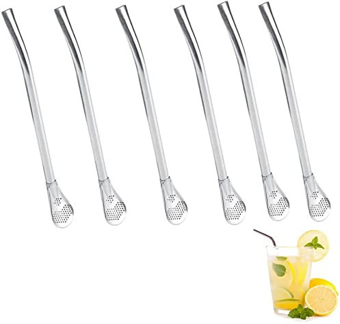 6Pcs Drinking Straw Spoon, 7inch Stainless Steel Drinking Straws with Filter Spoon, Reusable Stir Filter Straws Spoon, Metal Cocktail Spoons Set (18CM)