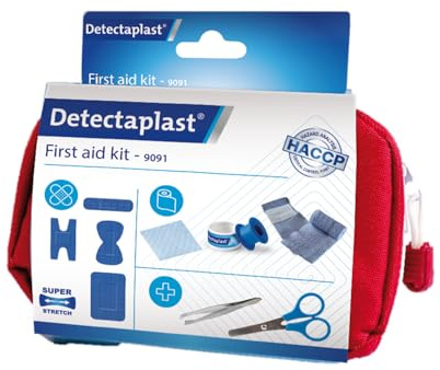 Detectaplast första hjälpen-sats i hem, kit för behandling av sår, bärbar första hjälpen-sats i ett litet fodral med plåster, bandage, tejp, pincetter och saxar, 28 delar