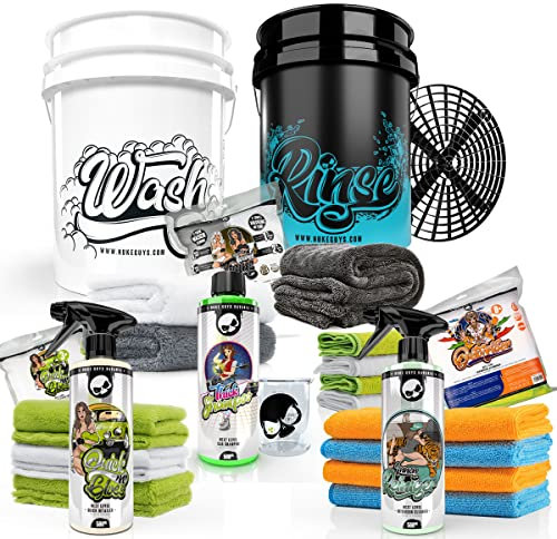 Nuke Guys professionelles Auto Wasch Set für die optimale Handwäsche: 2x 5GAL Wascheimer mit Schmutzeinsatz - Autoshampoo - Innenreiniger - Quick Detailer - passende Mikrofasern XXL Starterset