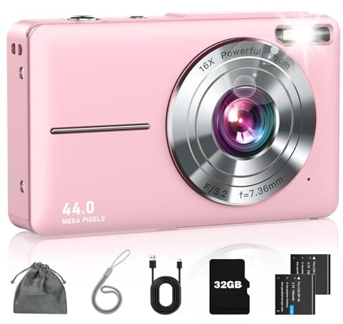 Digital Camera, FHD 1080P Point and Shoot Kids Camera, with 32GB Card, 2 Batteries, 16X Zoom Anti Shake Date Stamp, Compact Portable Small, for Starter Kid Children Teen Student Girl Boy(Pink)