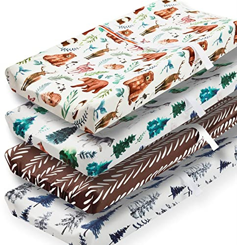 4 Pack Changing Pad Covers Woodland Forest Animals Wood Neutral Unisex Fitted Baby Changing Pad Cover Set for Baby Boys or Girls
