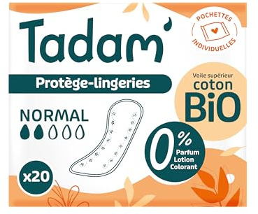 TADAM' - 20 Protège-Slips Discrets Pliés NORMAL Non-Irritant pour Peaux Sensibles - Pochette individuelle - Protection Hygiénique avec Voile 100% Coton Bio