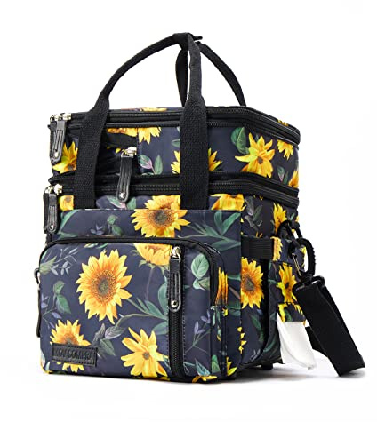 MOV COMPRA Lunch Bag for Women Men Double Deck Lunch Box,Expandable Large Lunch Bags,Leakproof Lunch Box Cooler Bag (Sunflower)