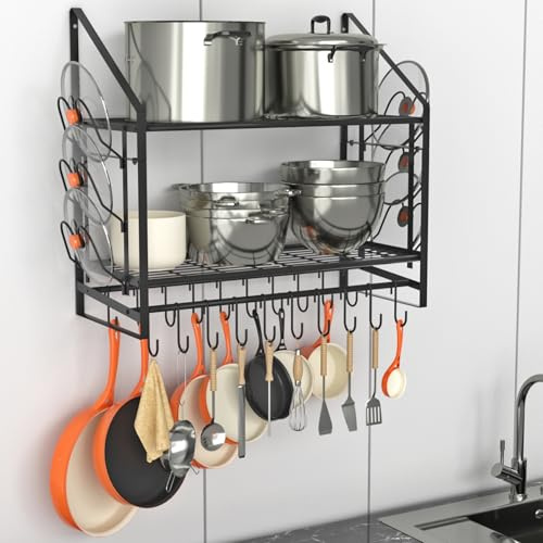 VyGrow Scaffale da parete da 71 cm, organizer per pentole e padelle a 2 livelli con 20 ganci e 6 supporti per coperchi, in acciaio resistente, per pentole e padelle da cucina, 88,1 cm di lunghezza x