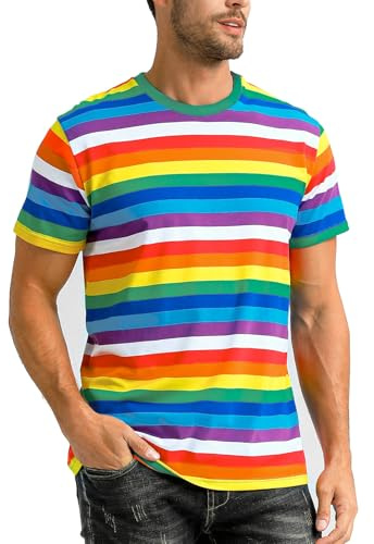 COSAVOROCK T-Shirts à Manches Courtes Homme Coton Chemise Rayé, Arc-en-Ciel, M