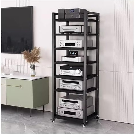 hifi rack Bewegliches Schrankregal für Stereokomponenten mit verstellbarer Ablage – AV-Medienregal für DVD-Player/CD-Wechsler/TV-Zubehör/Spielekonsole – Rollwagen für Audiogeräte auf Rädern(Black,7 ti