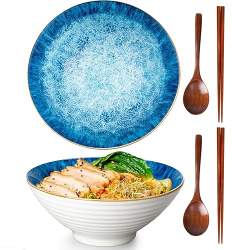 TuYines Bols à ramen en céramique Set de 2,Ramen Bol,1200 ml Bols à ramen Japonais,bol en céramique pour Ramen, salade, céréales,avec baguettes et cuillères