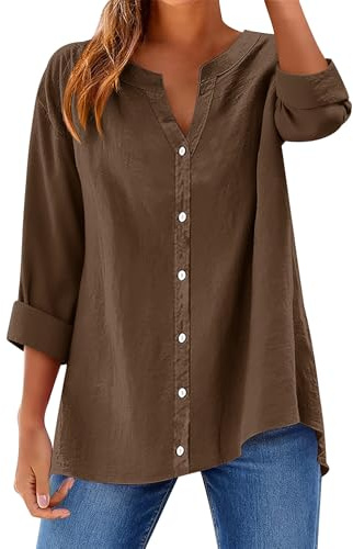 Rapbin Long Sleeve Tops Women Cotton Shirts for Women UK V Neck Clothes Ladies Casual Loose Elegant Blouses Coffee XL