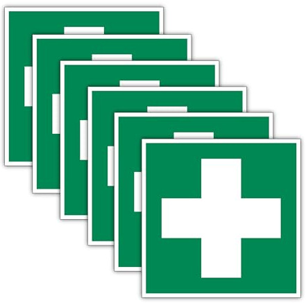 6 Aufkleber Erste Hilfe Rettungszeichen Symbol– Grünes Kreuz – Folie Selbstklebend Hinweisschild für Verbandkasten - 10x10 cm