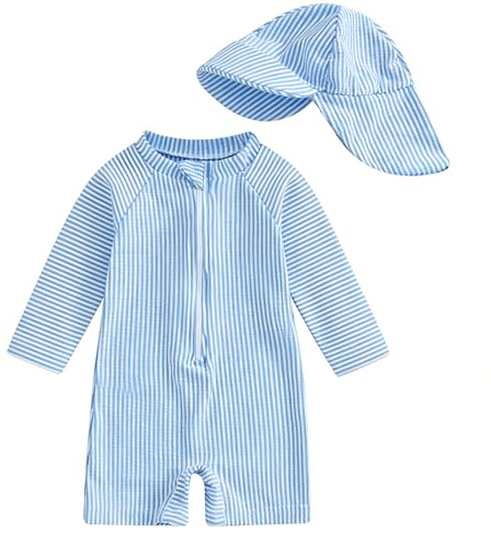 JiAmy Baddräkt med solhatt för småbarn, baby, pojke, långärmad baddräkt med dragkedja, rash guard, baddräkt i ett stycke, baddräkt med solskydd, solskyddsplagg för stranden, Blårandig, 9-12 Months