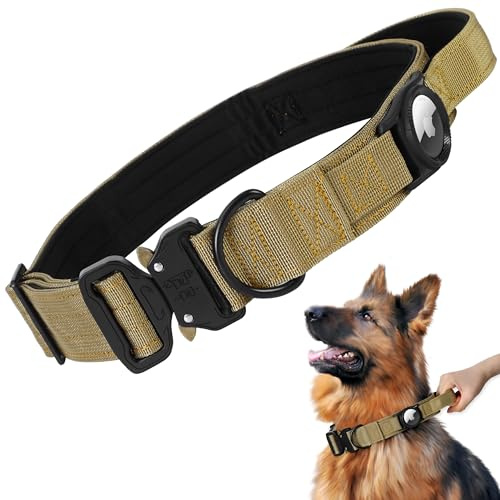 Jumpress Heavy Duty Tactical Dog Collar with Airtag Holder, 1.5’’ Wide Large Dog Collar with Comfortable Handle, Durable Airtag Dog Collar for Large Dogs (Brown,Neck 18-20’’)