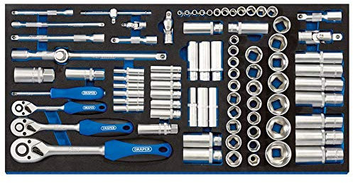 Draper 63540 1/4, 3/8 and 1/2 Socket 84 Piece Set in Full Drawer Eva Insert Tray, Blue
