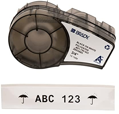 Brady Ruban d’étiquettes Polyester étiqueteuses M211 et M210 - Étiquettes multi-usages pour environnements difficiles - Noir sur blanc (19.05 mm x 6.4 m) – M21-750-423