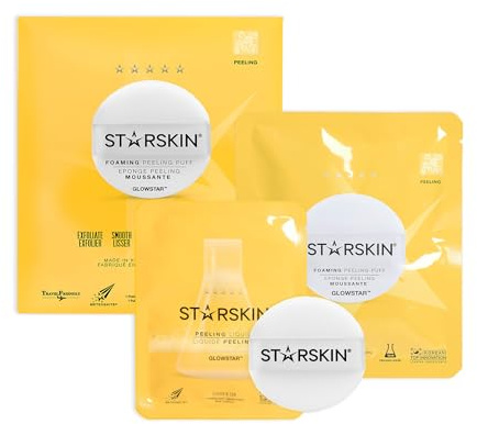 STARSKIN Glowstar, Facial Radiance Pads with Lactic and Glycolic Acid, AHA Exfoliant infused with Vitamin C Serum, Face Peeling Puff, Optimal for Soft Scrub, K Beauty Skincare