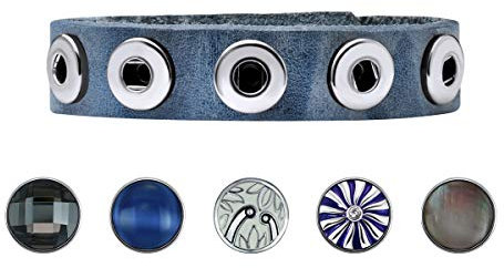 Quiges Damen Lederarmband mit 12mm Druckknöpfe/Chunks Blau Set 18-20cm