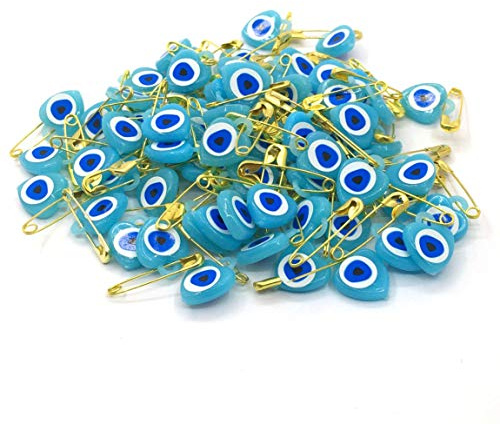 Perlin Nazar Boncuk - Lot de 100 talisman porte-bonheur en forme de cœur avec épingle à nourrice - Œil bleu - Pour naissance, baptême, mariage - Lot de 100 - Bleu turquoise