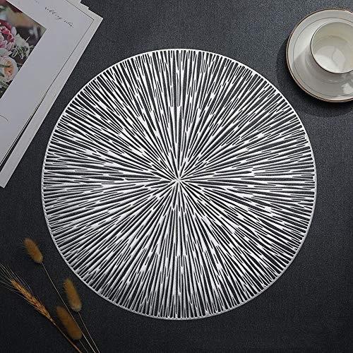 Hosoncovy Confezione da 4 tovagliette decorative in PVC con motivo fuochi d'artificio, rotonde, resistenti al calore, antiscivolo, per tavolo da pranzo e cucina di casa (argento)