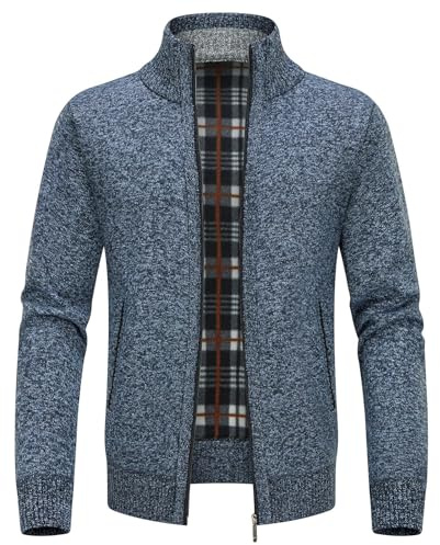 KUDORO Cardigan Gilet Homme Pull Homme Veste en Maille Chandail Zippé Chaud Cardigan Épais avec Col Montant Tricot Décontractée Polaire Men Sweater Mode Vest(Bleu,XL)