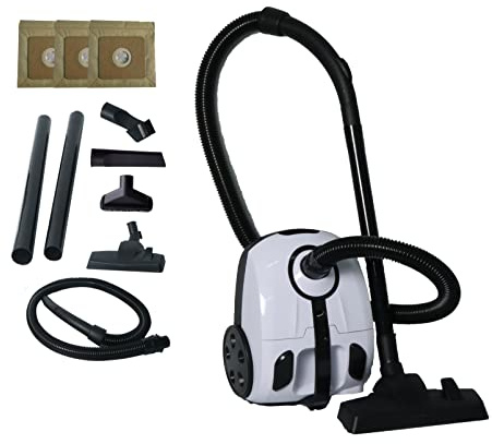 Impecca Bagged Canister Vacuum Cleaner for Carpets, Rugs, Hard Floors, Upholstery, Powerful 1000W Motor, 2L Dust Capacity, Includes 6 Cleaning Tools and 3 Bags, White