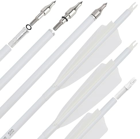 surwolf 31 Flèches de Chasse en Carbone Fluorescent 500 600 Spine avec Plume Naturelle Flèches d'Entraînement pour Tir à l'arc à Poulies/Recurve/Arc Long 6/12pcs (12, Blanc, Spine 600)